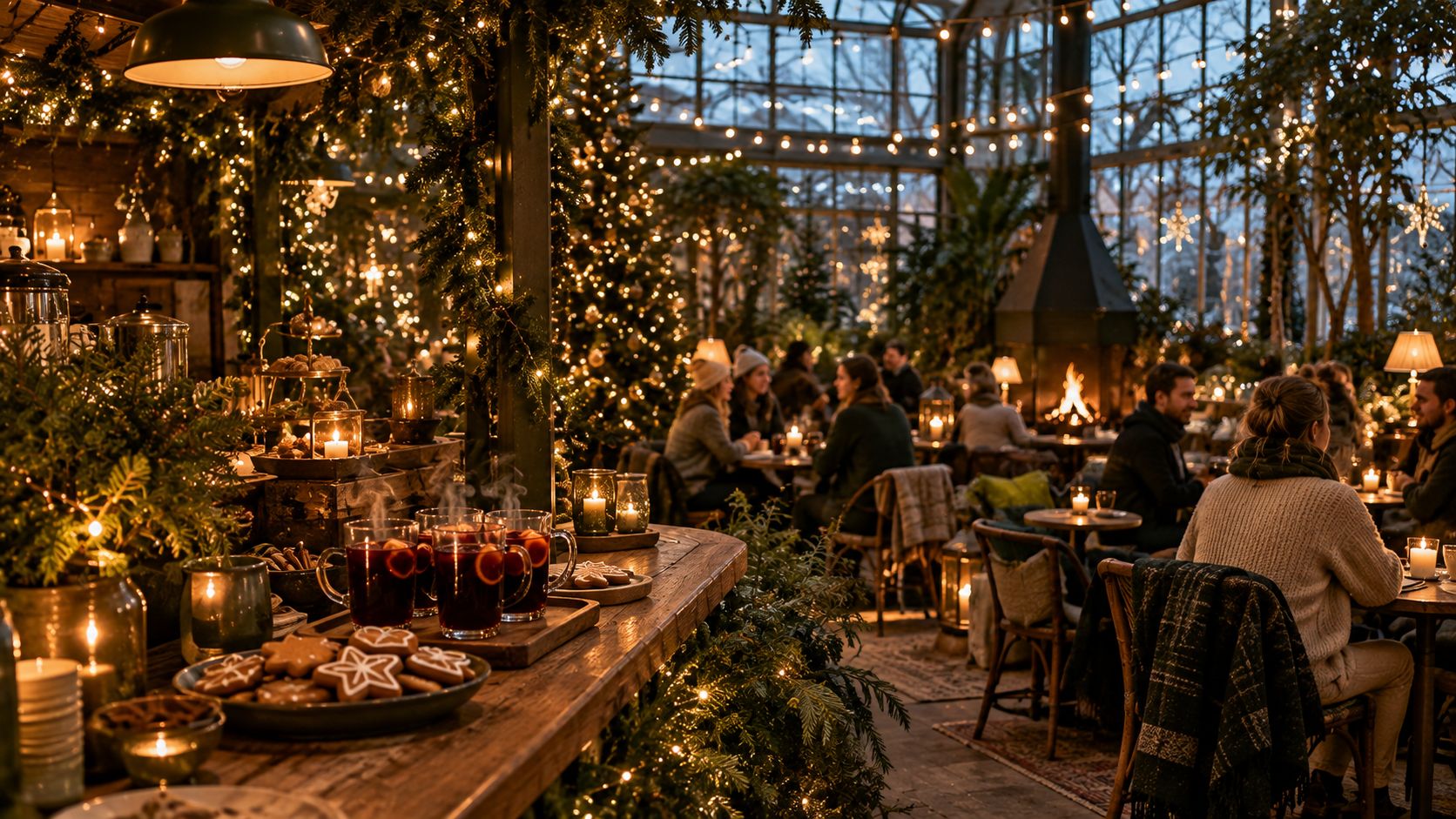 A candlelit winter-garden café with mulled wine, gingerbread and people chatting under fairy lights