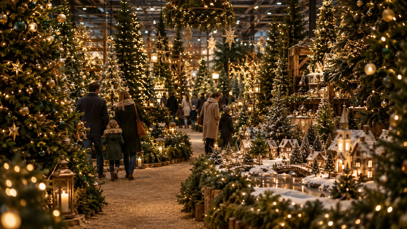 Families walking a lantern-lit path between decorated Christmas trees and a miniature snowy village