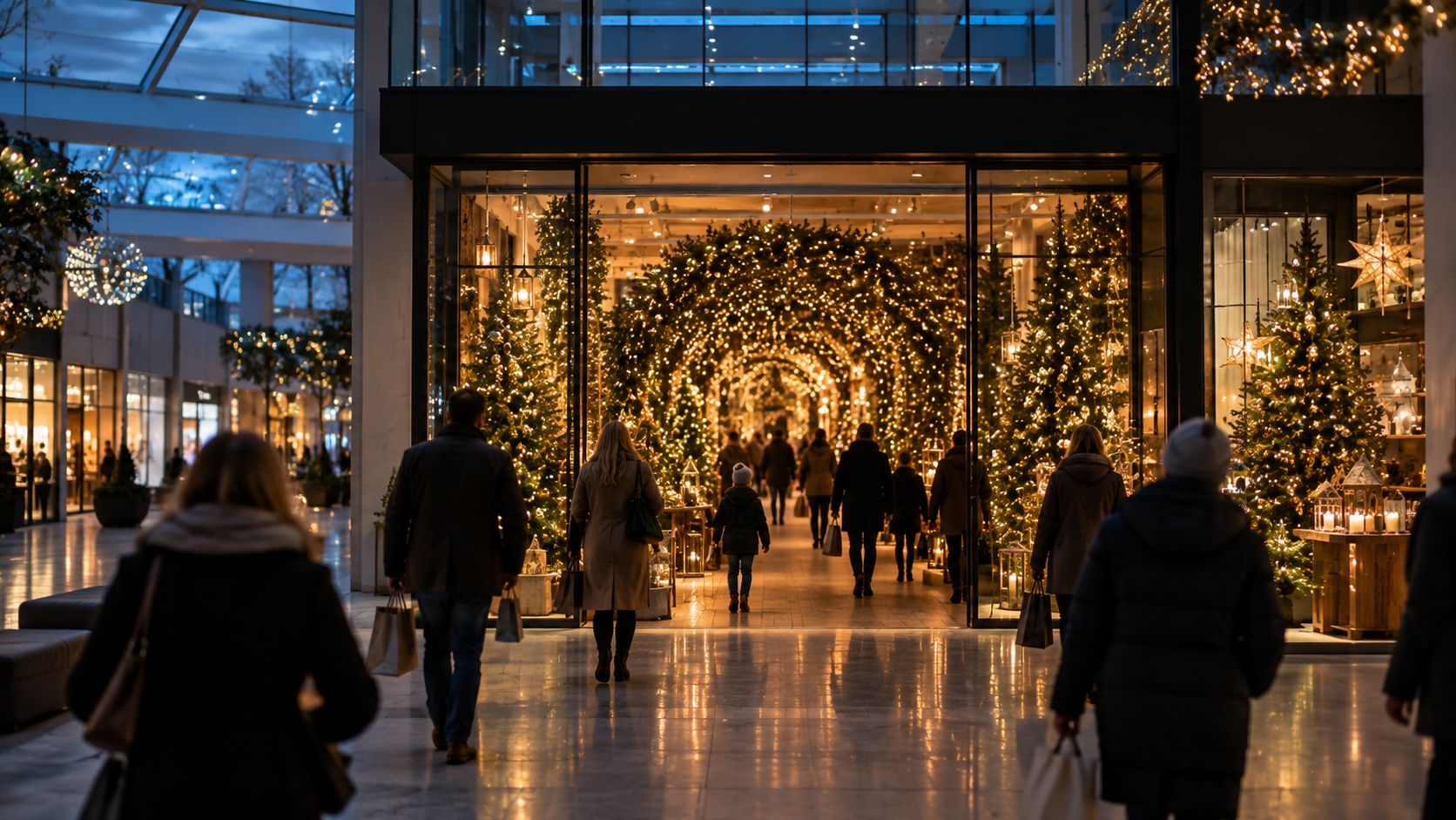 Shoppers in a mall walking toward a glowing storefront with a tunnel of lit arches and Christmas trees