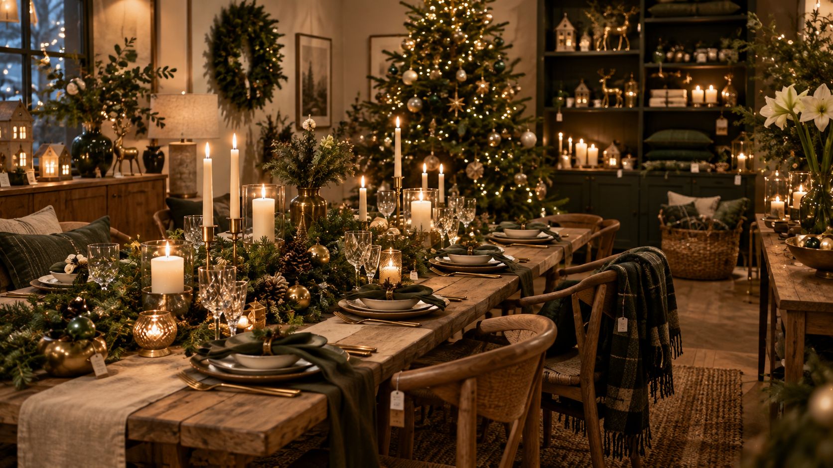 A Christmas dinner table styled with candles, pine and brass, every item carrying a small price tag